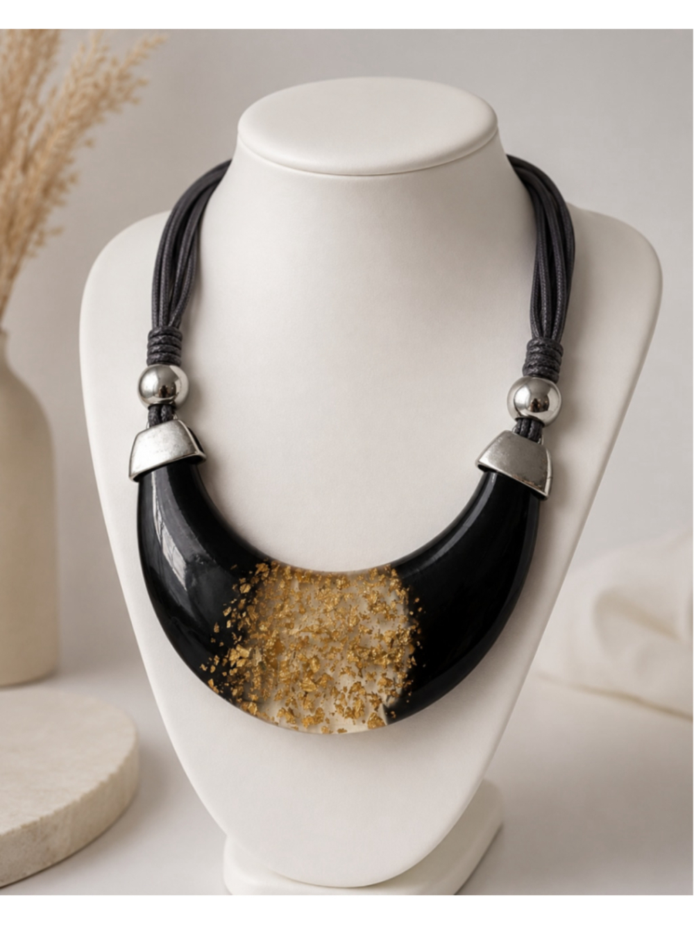 Chunky Black Resin Gold Leaf Statement Bib Necklace | Modern Art Jewelry |